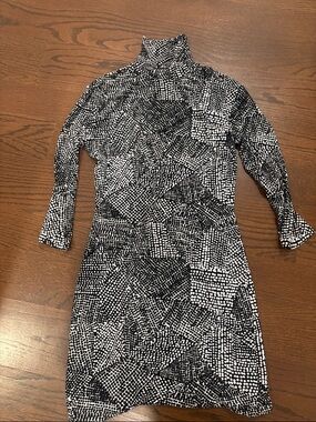 Black & White Long Sleeve Turtleneck Patterned Dress